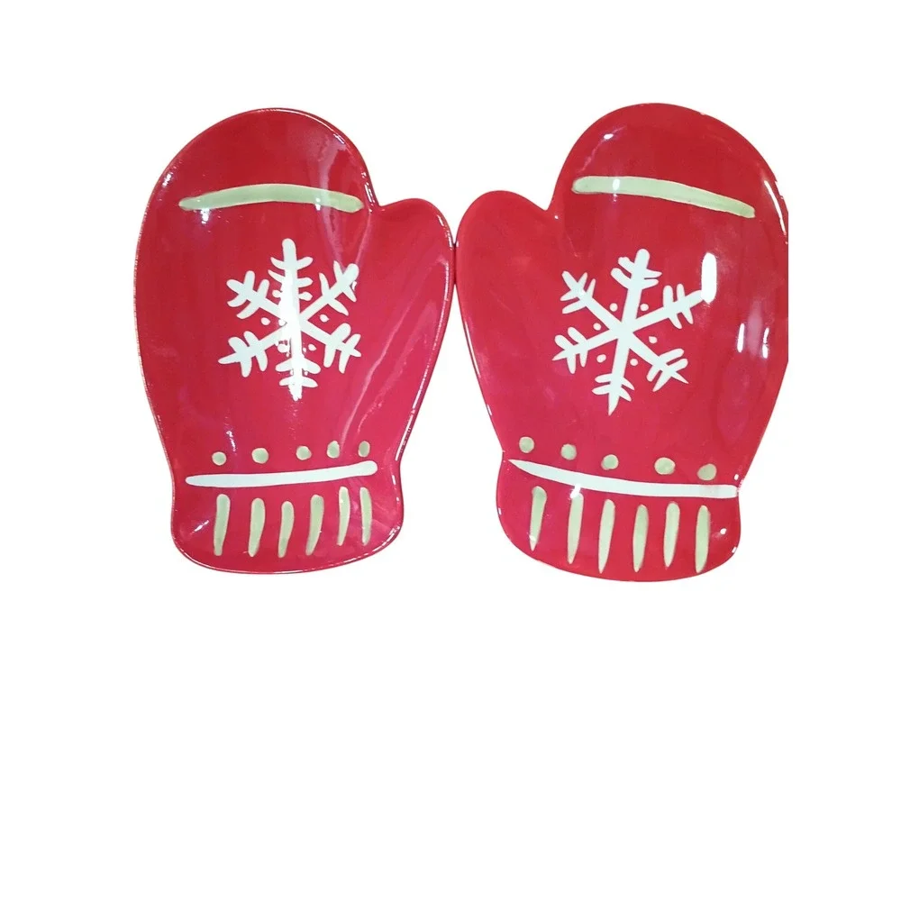 Hallmark Mitten Serving Dishes Set of 2 Red Snowflake Christmas Ceramic Plates
